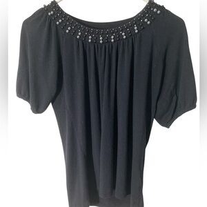 Covington Women’s PS Black Short Sleeve Dress Shirt Top Pearl Embellished Collar